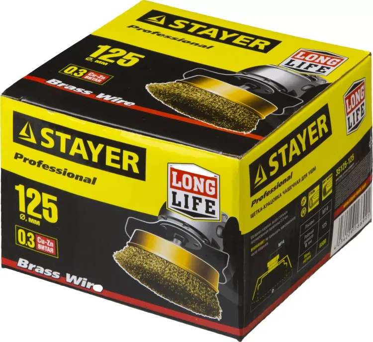 STAYER "PROFESSIONAL". Щетка чашечная для УШМ, витая стальная латунированная проволока 0,3мм, 125ммхМ14 35125-125 купить в Магнитогорске