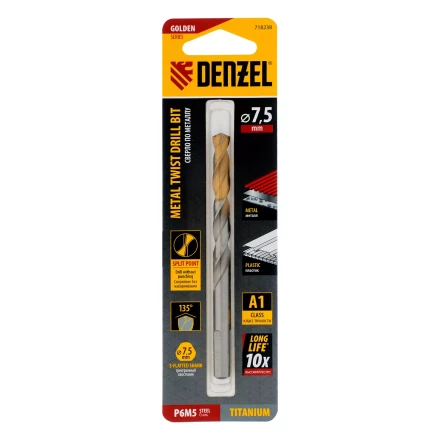 Сверло спиральное по металлу Denzel 7,5 x 109 мм, Р6М5, Golden Tip, 718238 купить в Магнитогорске