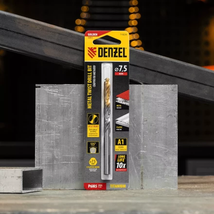 Сверло спиральное по металлу Denzel 7,5 x 109 мм, Р6М5, Golden Tip, 718238 купить в Магнитогорске