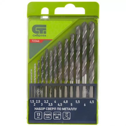 Набор сверл по металлу 1,5 - 6,5 мм 13 штук Р6М5 пластиковый кейс СИБРТЕХ артикул 72346 купить в Магнитогорске