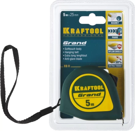 Рулетка KRAFTOOL GRAND, обрезиненный пластиковый корпус, 5м/25мм 34022-05-25 купить в Магнитогорске