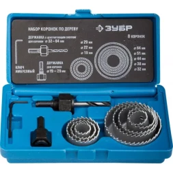 Набор ЗУБР "ЭКСПЕРТ" Коронки по дереву 19-64мм, державка 19-30мм, державка с опорн. основан., ключ имбус. 2,5мм, 11 пред 2955-H11_z01