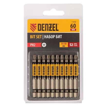 Бита PH2х60, сталь S2, цилиндр., 10 шт. Е 6,3 Denzel 11642 купить в Магнитогорске