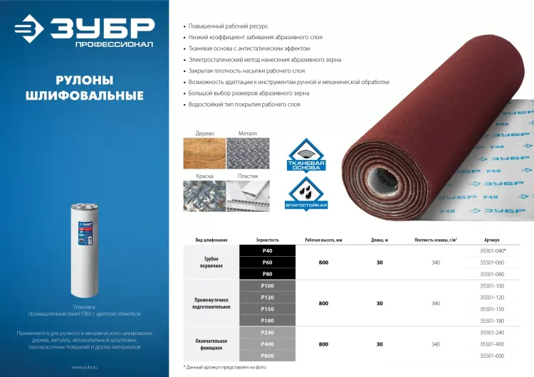 ЗУБР Р80, 800 мм, 30 м, водостойкий, шлифовальный рулон на тканевой основе, Профессионал (35501-080) купить в Магнитогорске