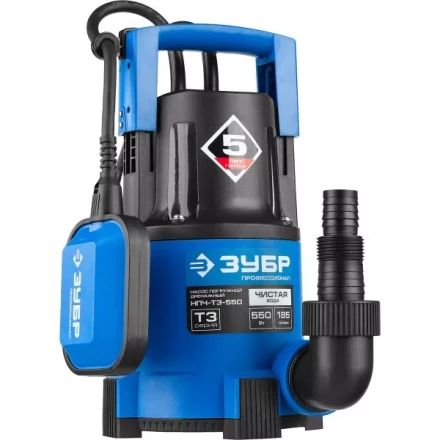 Насос ЗУБР &quot;ПРОФЕССИОНАЛ&quot; Т3 погружной дренажный для чистой воды (d пропускаемых частиц до 5мм), 550Вт, пропускная способность 185л/мин, напор 8,5м НПЧ-Т3-550 купить в Магнитогорске