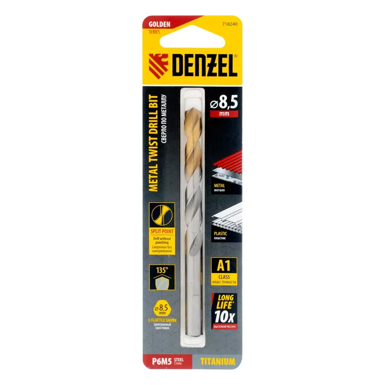 Сверло спиральное по металлу Denzel 8,5 x 117 мм, Р6М5, Golden Tip, 718240 купить в Магнитогорске