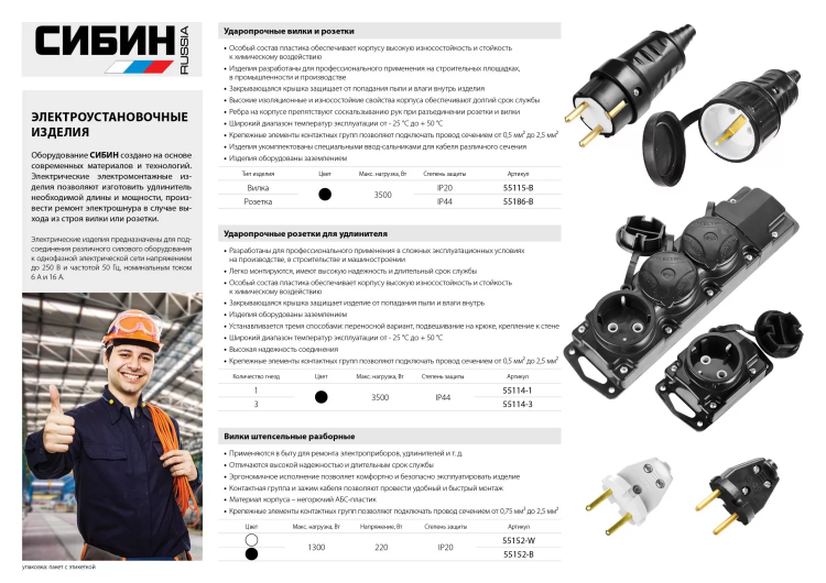 Вилка СИБИН электрическая, разборная, 6А/220В, черная 55152-B купить в Магнитогорске