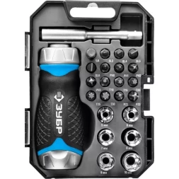 Набор ЗУБР &quot;ПРОФЕССИОНАЛ&quot;: Отвертка реверсив с двухкомп рукоят, насадки, CrMo, рукоят с отсеком для хранения бит, 24 предмета 25353-H24