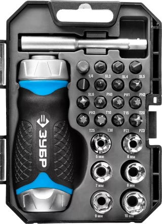 Набор ЗУБР &quot;ПРОФЕССИОНАЛ&quot;: Отвертка реверсив с двухкомп рукоят, насадки, CrMo, рукоят с отсеком для хранения бит, 24 предмета 25353-H24 купить в Магнитогорске