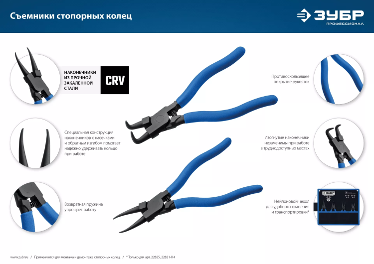 ЗУБР 180 мм, прямые губки, внутренний съемник стопорных колец, Профессионал (22821-1) купить в Магнитогорске