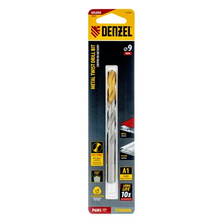Сверло спиральное по металлу Denzel, 9 x 125 мм, Р6М5, Golden Tip, 718241 купить в Магнитогорске