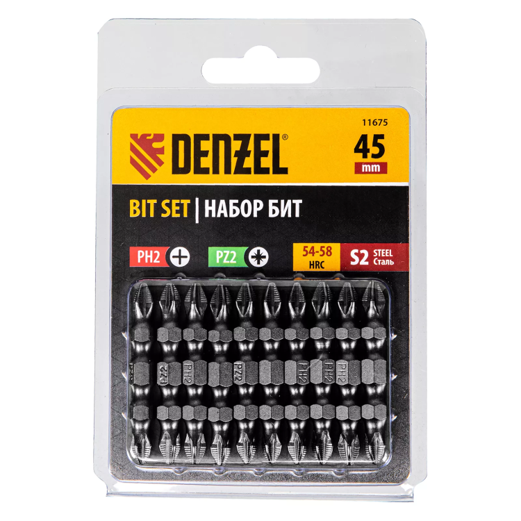 Бита двухсторонняя, PH2-PZ2 х 45 мм, сталь S2, 10 шт. Denzel 11675 купить в Магнитогорске