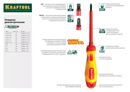 Отвертка KRAFTOOL, высоковольтная, Cr-Mo-V стержень, двухкомпонент. маслобензостойкая рукоятка, SL, 4,0х100мм 250083-4.0-100 купить в Магнитогорске