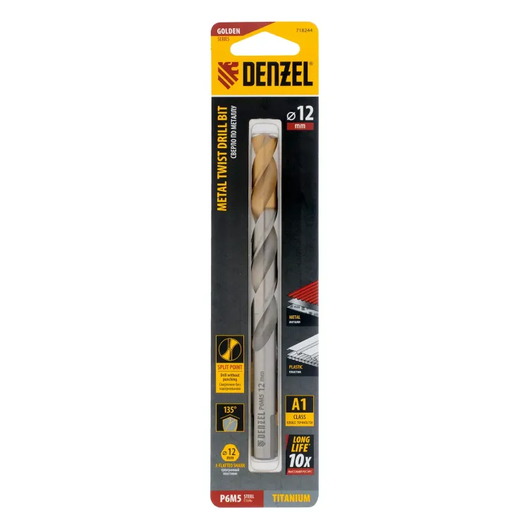 Сверло спиральное по металлу Denzel,  12 x 151 мм, Р6М5, Golden Tip 718244 купить в Магнитогорске
