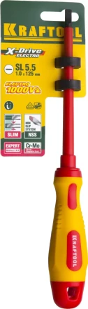 Отвертка KRAFTOOL, высоковольтная, Cr-Mo-V стержень, двухкомпонент. маслобензостойкая рукоятка, SL, 5,5х125мм 250083-5.5-125 купить в Магнитогорске