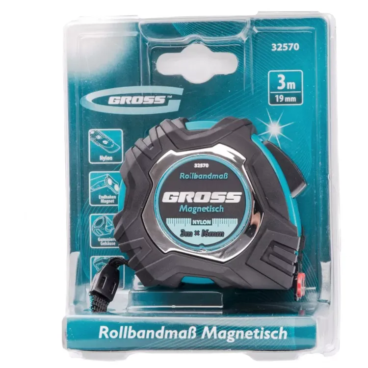 Рулетка Magnetisch 3 м х 16 мм обрезиненный корпус автоматическая фиксация Нейлоновое покрытиеытие зацеп с магнитом Gross 32570 купить в Магнитогорске
