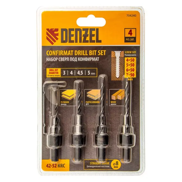 Набор сверл под конфирмат Denzel 704240, 3-5 мм, набор 4 шт купить в Магнитогорске
