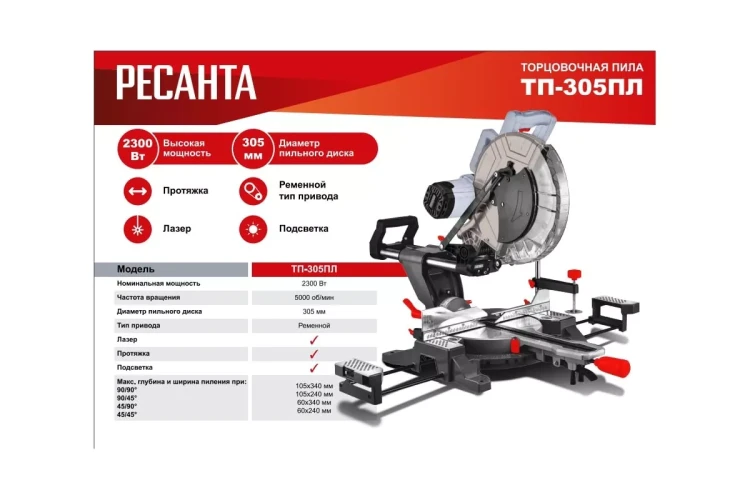 Торцовочная пила Ресанта ТП-305ПЛ 75/18/6 купить в Магнитогорске