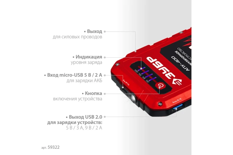 ЗУБР АПУ-400, 12 В, макс. 400 А, аккумуляторное пусковое устройство (59322) купить в Магнитогорске