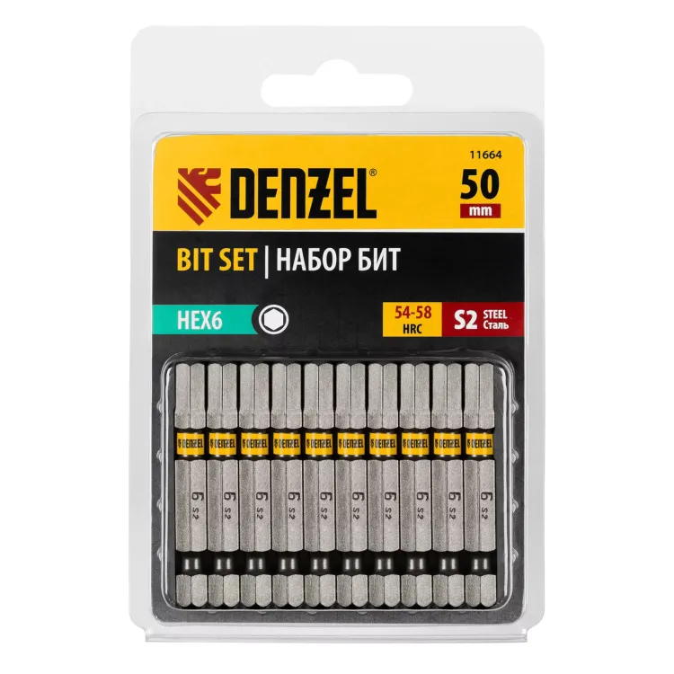 Бита HEX 6х50, сталь S2, шестигранный профиль, 10 шт. Е 6,3 Denzel 11664 купить в Магнитогорске