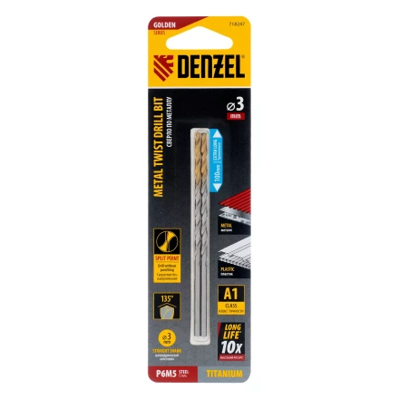 Сверло спиральное по металлу 3 х 100 мм, Р6М5, Golden Tip, удлиненное, 2шт. Denzel 718247 купить в Магнитогорске