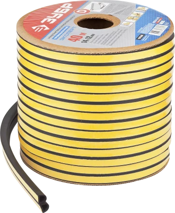 ЗУБР 40 м, D-профиль, размер 14 х 12 мм, черный, самоклеящийся промышленный резиновый уплотнитель, Профессионал (40950-14-40) купить в Магнитогорске