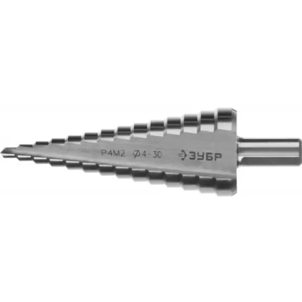 Сверло ЗУБР &quot;МАСТЕР&quot; ступенчатое по сталям и цвет.мет., быстрорежущая сталь, d=4-30мм, 14ступ.d=4-30, L-100мм, трехгран. хв.10мм 29665-4-30-14 купить в Магнитогорске