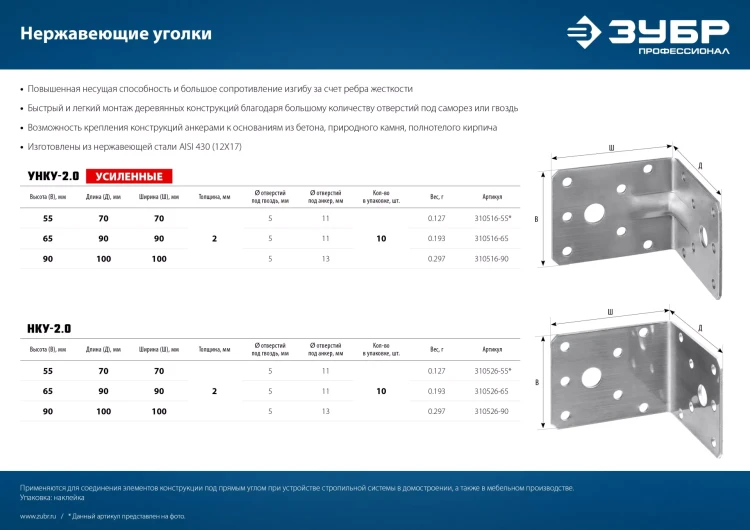 ЗУБР УНКУ-2.0, 65 x 90 x 90 x 2 мм, усиленный нержавеющий крепежный уголок, Профессионал (310516-65) купить в Магнитогорске