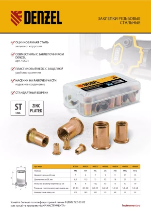 Заклепки резьбовые, стальные, оцинкованные, М5, пластиковый кейс, 100 шт. Denzel 40602 купить в Магнитогорске