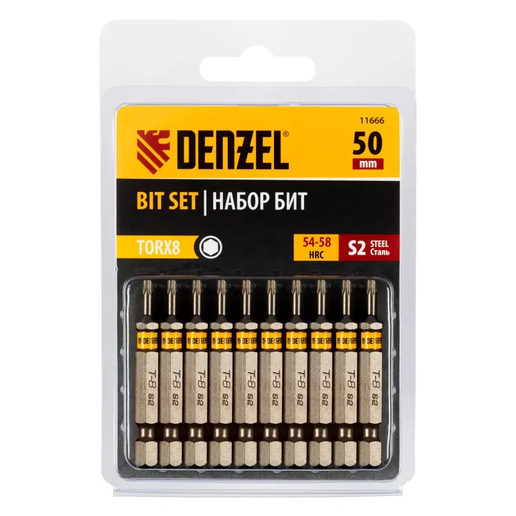 Бита TX 8х50, сталь S2, шестигранный профиль, 10 шт. Е 6,3 Denzel 11666 купить в Магнитогорске