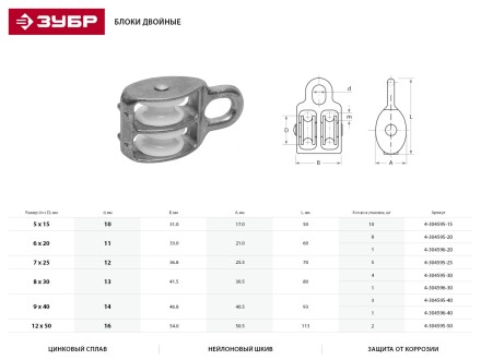 Блок ЗУБР двойной, оцинкованный, нейлоновый шкив, 8x30мм, 1 шт 4-304596-30 купить в Магнитогорске