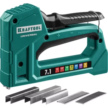 Степлер для скоб &quot;Universal&quot; 7-в-1: 53(6-14 мм)/53F(10-14 мм)/140 (10-14 мм)/13 (6-14 мм)/36 (10-14 мм)/300(16 мм)/500(16 мм), суперлегкий, KRAFTOOL 31524 купить в Магнитогорске