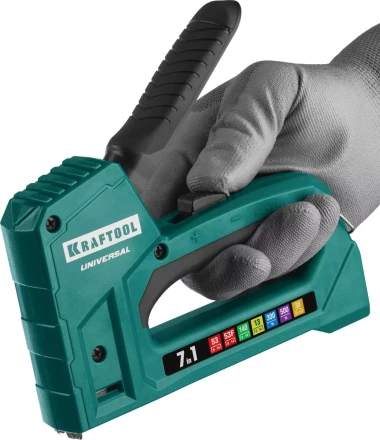 Степлер для скоб &quot;Universal&quot; 7-в-1: 53(6-14 мм)/53F(10-14 мм)/140 (10-14 мм)/13 (6-14 мм)/36 (10-14 мм)/300(16 мм)/500(16 мм), суперлегкий, KRAFTOOL 31524 купить в Магнитогорске