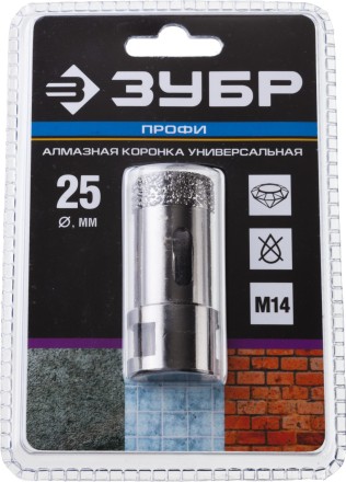 Алмазная коронка ЗУБР &quot;ПРОФЕССИОНАЛ&quot; универсальная для УШМ, сухое сверление, алмазы на вакуумной пайке,  посадка М14, d=25мм 29865-25 купить в Магнитогорске