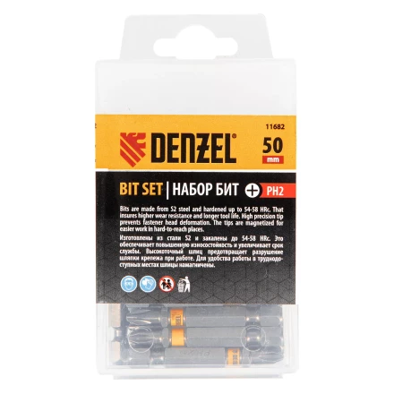 Бита PH2х50, сталь легированная S2, 30 шт., шестигранный профиль, пластиковая коробка, Е 6,3 Denzel 11682 купить в Магнитогорске
