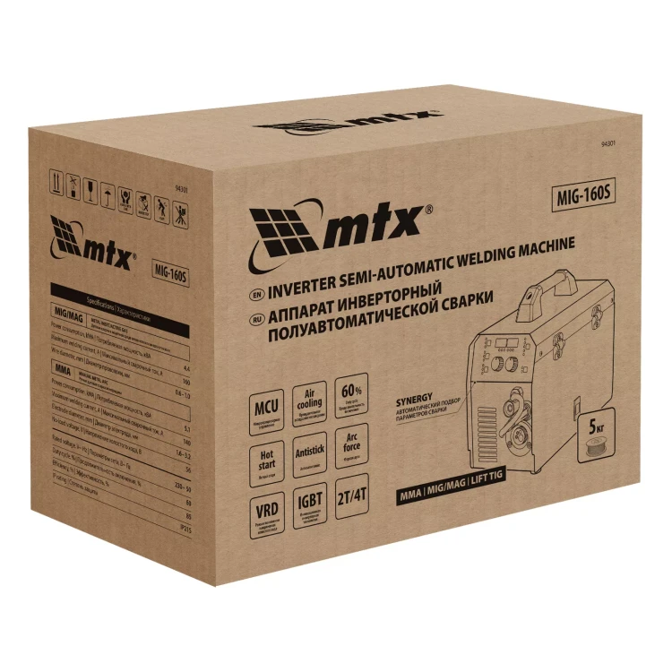 Аппарат инвертор. полуавтомат. cварки MTX MIG-160S 94301, 160A, ПВ 60%, катушка 5 кг купить в Магнитогорске