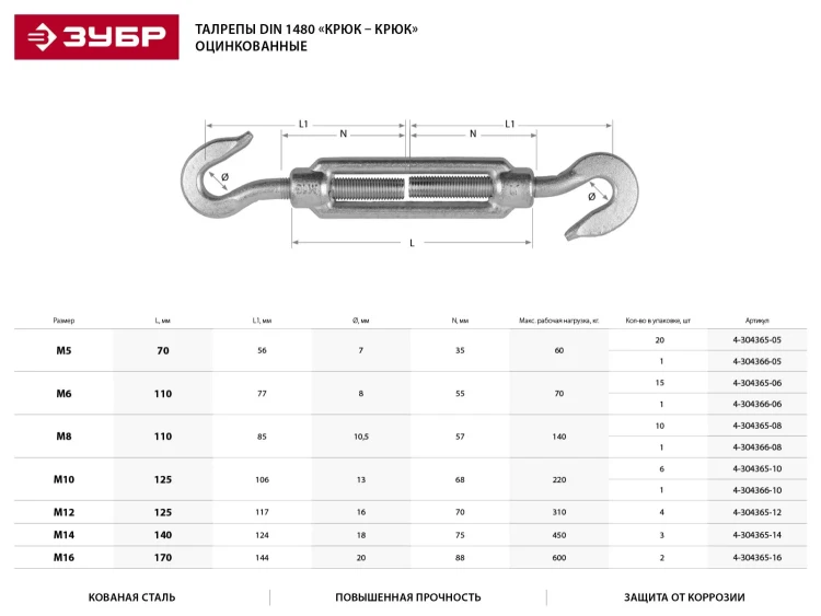 Талреп ЗУБР "ПРОФЕССИОНАЛ" DIN 1480, крюк-крюк, оцинкованный, кованая натяжная муфта, М16, ТФ16, 2 шт 4-304365-16 купить в Магнитогорске