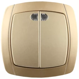 Выключатель СВЕТОЗАР &quot;АКЦЕНТ&quot; двухклавишный в сборе, с подсветкой, цвет золотой металлик, 10А/~250В SV-54235-GM