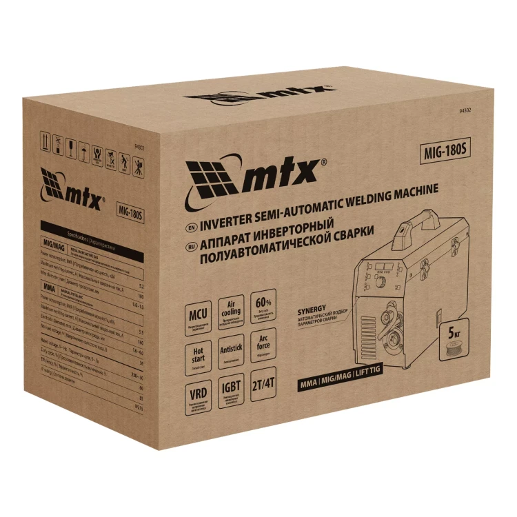 Аппарат инвертор. полуавтомат. cварки MTX MIG-180S 94302, 180A, ПВ 60%, катушка 5 кг купить в Магнитогорске
