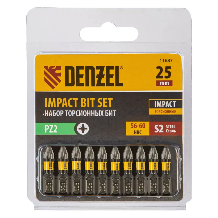 Бита IMPACT, PZ2x25 мм, лазерная обработка шлица, сталь S2, 10 шт., Е 6,3 Denzel 11687 купить в Магнитогорске