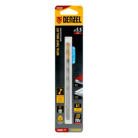 Сверло спиральное по металлу Denzel 5,5 х 139 мм, Р6М5, Golden Tip, удлиненное, 718255 купить в Магнитогорске