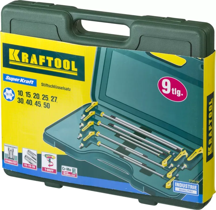 Набор KRAFTOOL Ключи "INDUSTRIE" имбусовые,Cr-Mo(S2),Т-образные,эргоном двухкомп рукоятка,TORX Hole 10-50,9 шт,в боксе 27455-H9 купить в Магнитогорске