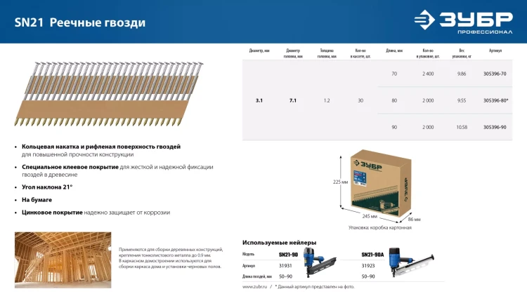 ЗУБР SN21 90 х 3.1 мм, реечные гвозди рифленые оцинкованные, 2010 шт(305396-90) купить в Магнитогорске