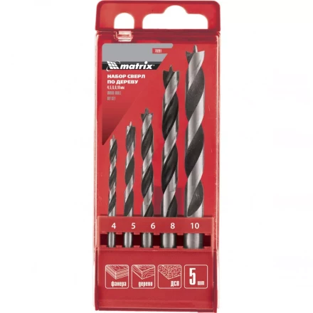 Набор сверл по дереву 4-5-6-8-10мм  цилиндрический хвостовик пластиковый кейс MATRIX 70281 купить в Магнитогорске