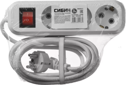 Удлинитель СИБИН электрический, ПВС сечение 0,75кв мм, 3 гнезда, макс мощн 2200Вт, 3м, заземление, выключатель 55036-3 купить в Магнитогорске