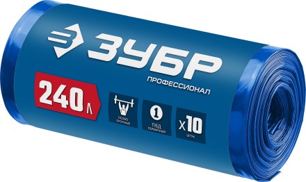 ЗУБР 240 л, 10 шт, синие, из первичного материала, особопрочные, строительные мусорные мешки, Профессионал (39159-240) купить в Магнитогорске