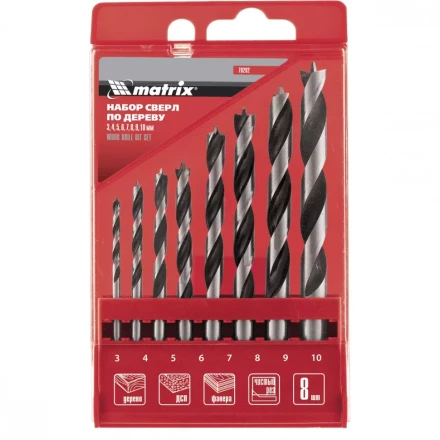 Набор сверл по дереву   3-4-5-6-7-8-9-10мм цилиндрический  хвостовик  пластиковый кейс MATRIX 70282 купить в Магнитогорске
