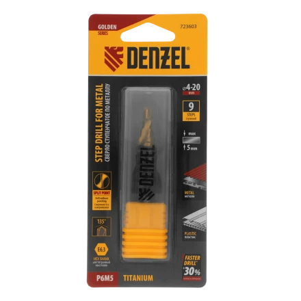 Сверло ступенчатое Denzel 723604, 6-8-10-12-14-16-18-20-22-24-26-28-30мм, Р6М5, 6-гр. хвостовик купить в Магнитогорске
