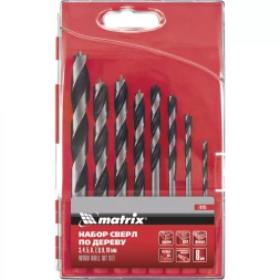 Набор сверл по дереву  3-4-5-6-7-8-9-10мм 6-гранный хвостовик  пластиковый кейс MATRIX 70285