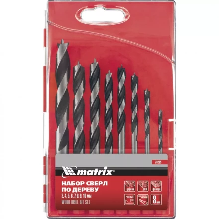 Набор сверл по дереву  3-4-5-6-7-8-9-10мм 6-гранный хвостовик  пластиковый кейс MATRIX 70285 купить в Магнитогорске